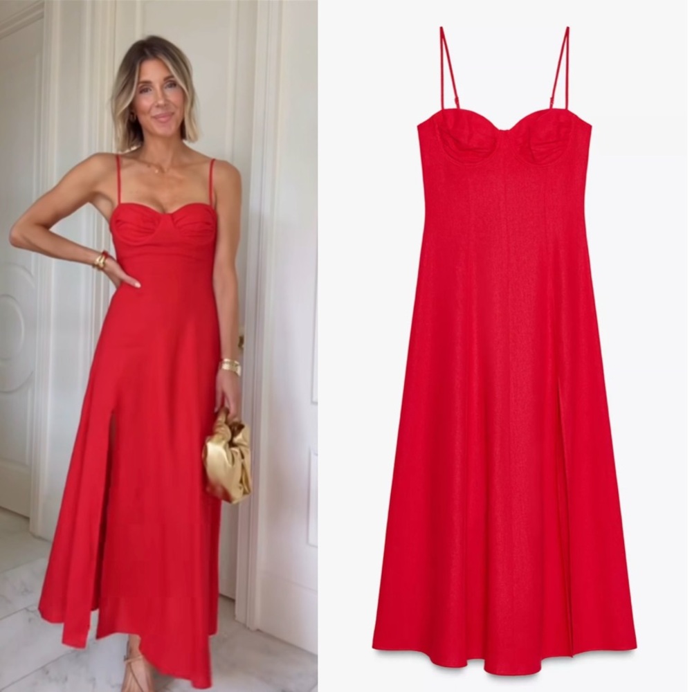ZARA RED COTTON MIDI DRESS